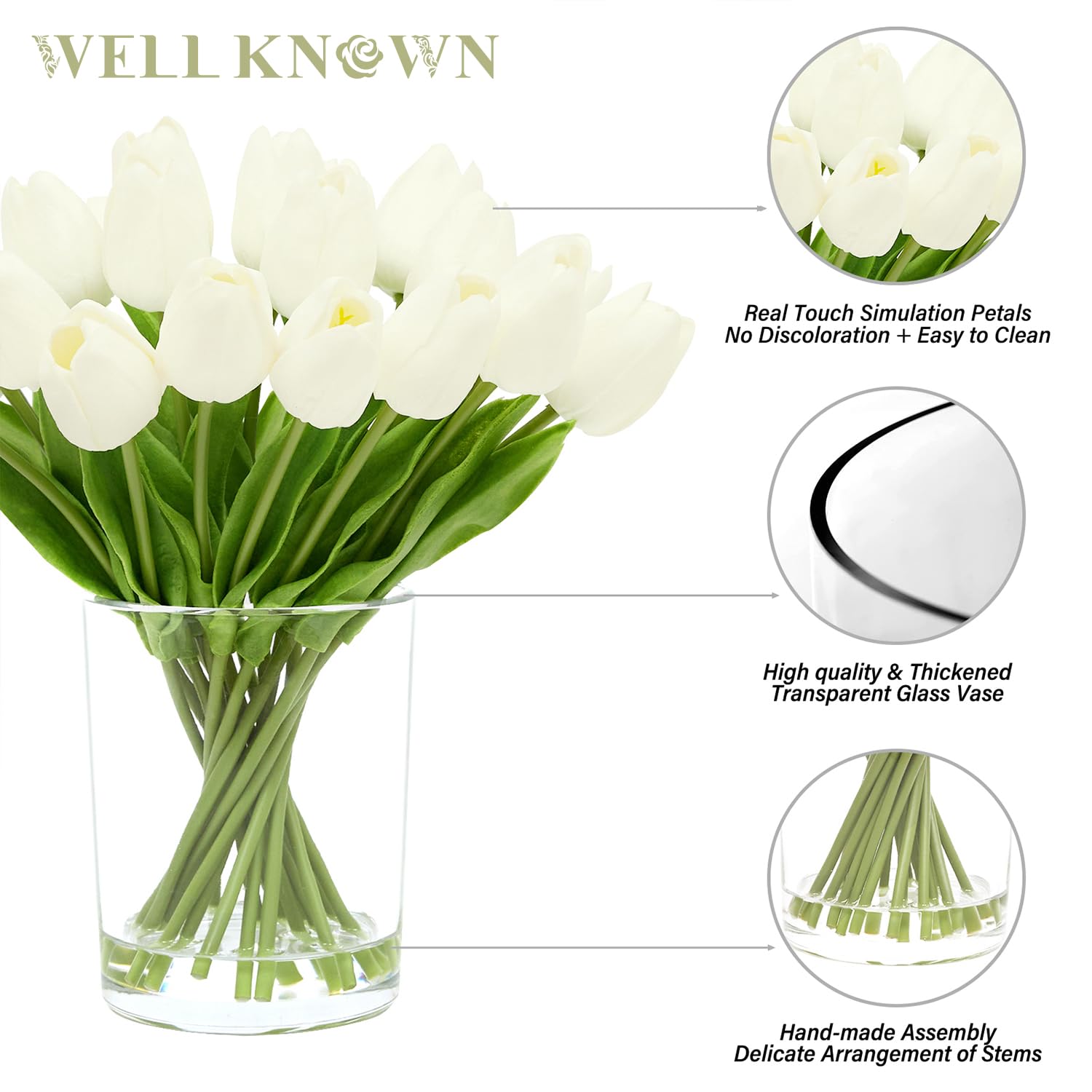 20 Pcs White Tulips Artificial Flowers In Vase, Fake Flowers In Glass Vase, Real Touch Fake Tulips Artificial Flowers In Vase With Faux Water For Home Decoration, Dining Table