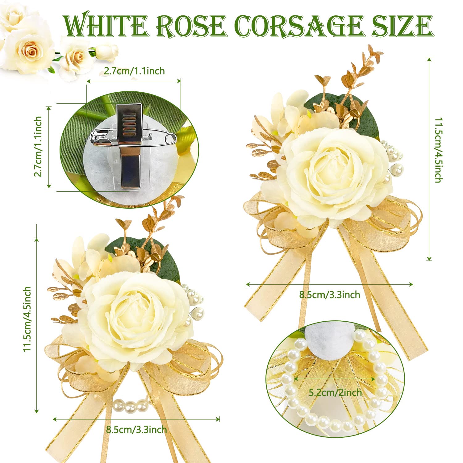 Ivory Rose Wrist Corsage Wristlet Band Bracelet And Boutonniere Set For Men Women Bride Bridesmaid Wedding Prom Flowers Accessories (A-Boutonniere & Wrist Corsage)