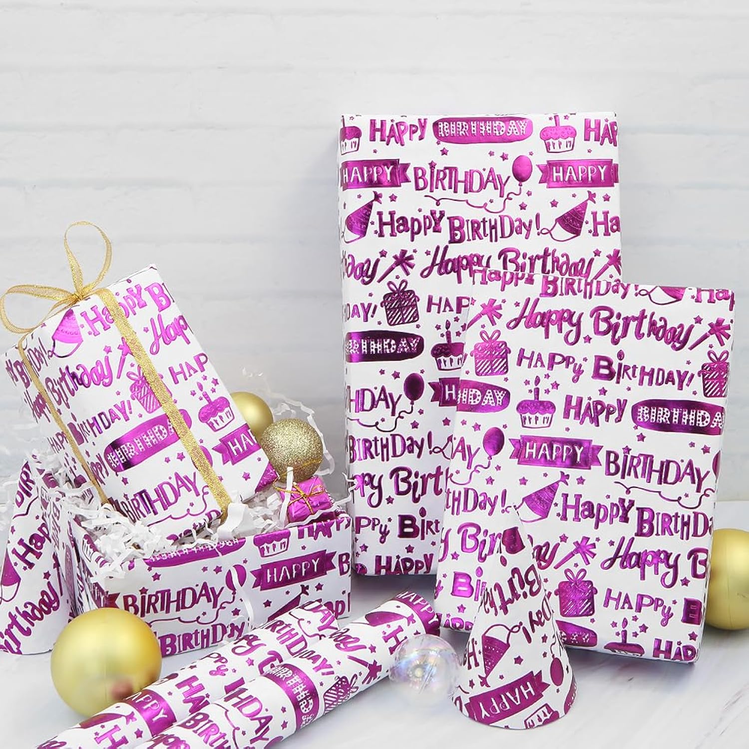 Happy Birthday Wrapping Paper Roll, Purple Luxury Metallic Cake Gift Balloon Birthday Gift Wrap Papers For Birthday, Holiday, Baby Shower, Kids, Women, Girls, Mini Rolls 17X120 Inch