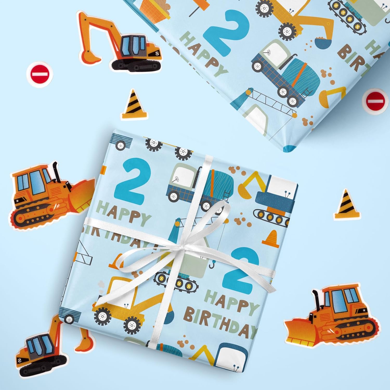 2Nd Birthday Wrapping Paper - Blue Cartoon Cars Trucks - 17 Inches X 16.4 Feet - Perfect For Boys' Birthday Parties