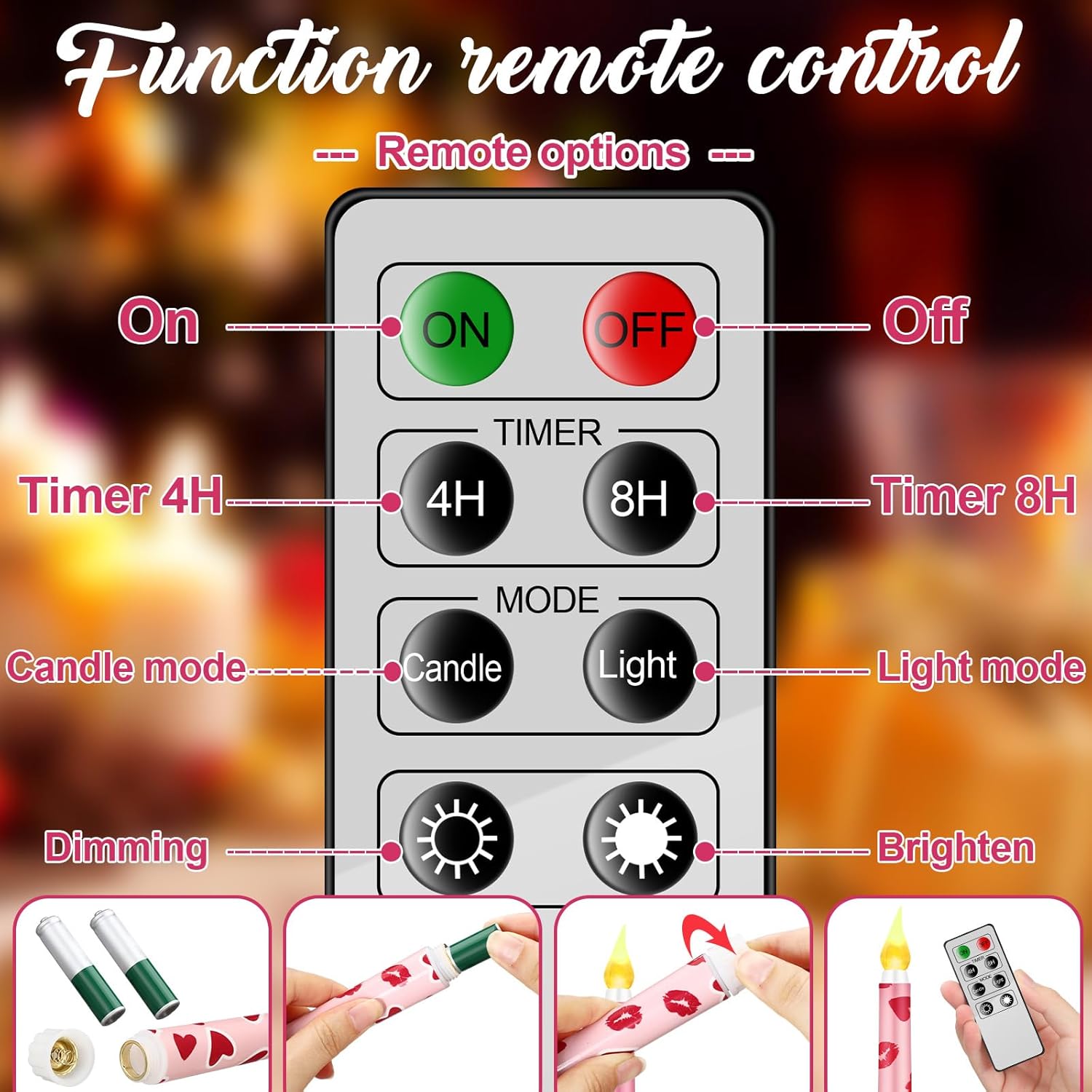 5 Pcs Valentines Day Led Flameless Candle Set Valentine Day Flameless Taper Candles With Heart Battery Operated Seasonal Celebration With Remote For Wedding Romantic Night