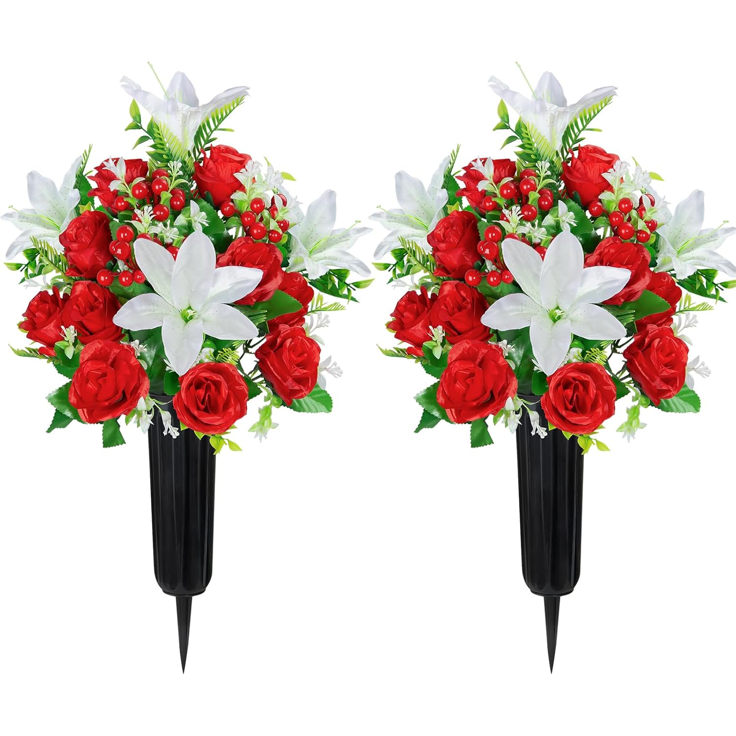 Artificial Cemetery Flowers With Vase, Set Of 2 Rose Lily Bouquet Graveside Decoration, Artificial Memorial Flowers For Easter Mother'S Day Arrangements