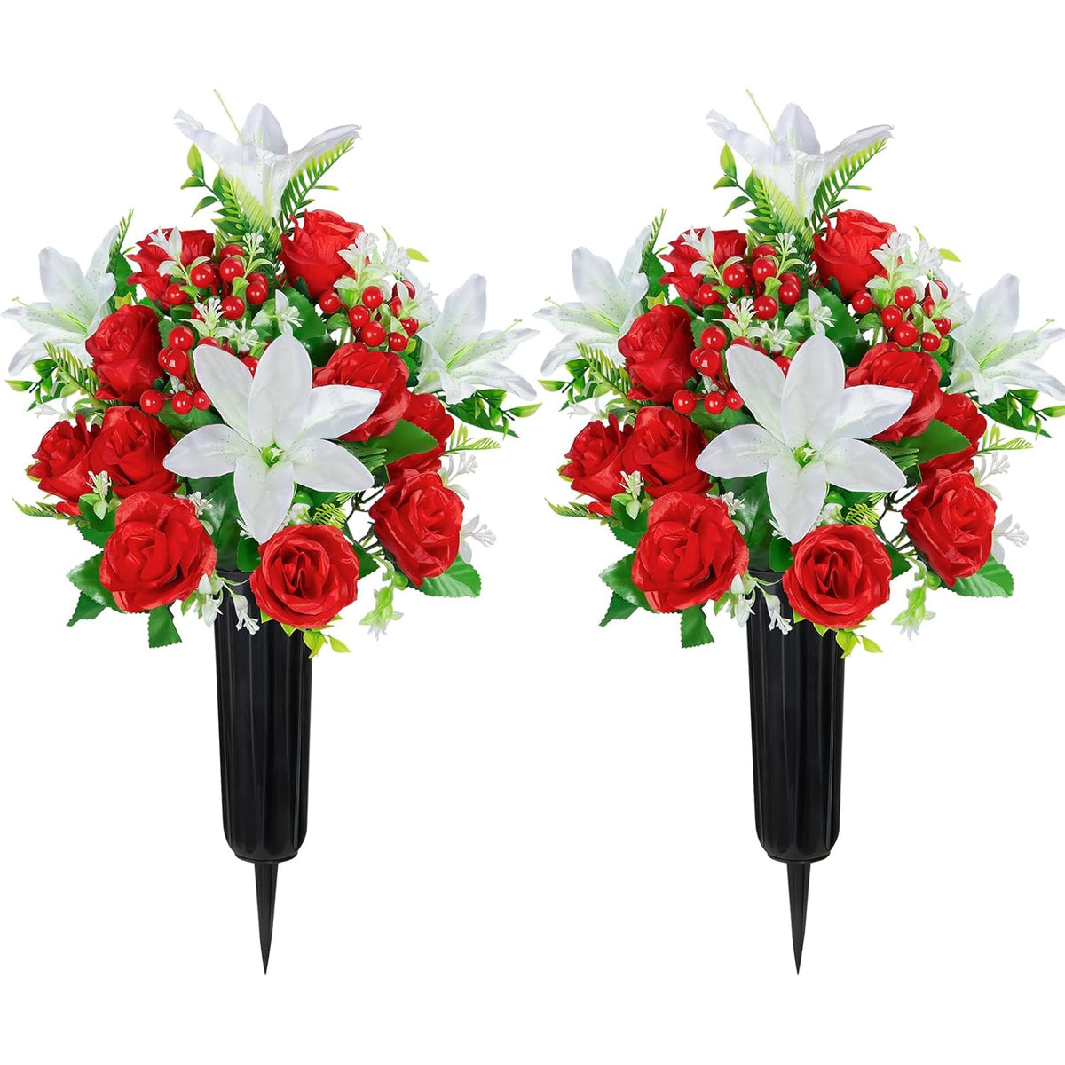 Artificial Cemetery Flowers With Vase, Set Of 2 Rose Lily Bouquet Graveside Decoration, Artificial Memorial Flowers For Easter Mother'S Day Arrangements