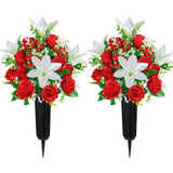 Artificial Cemetery Flowers With Vase, Set Of 2 Rose Lily Bouquet Graveside Decoration, Artificial Memorial Flowers For Easter Mother'S Day Arrangements