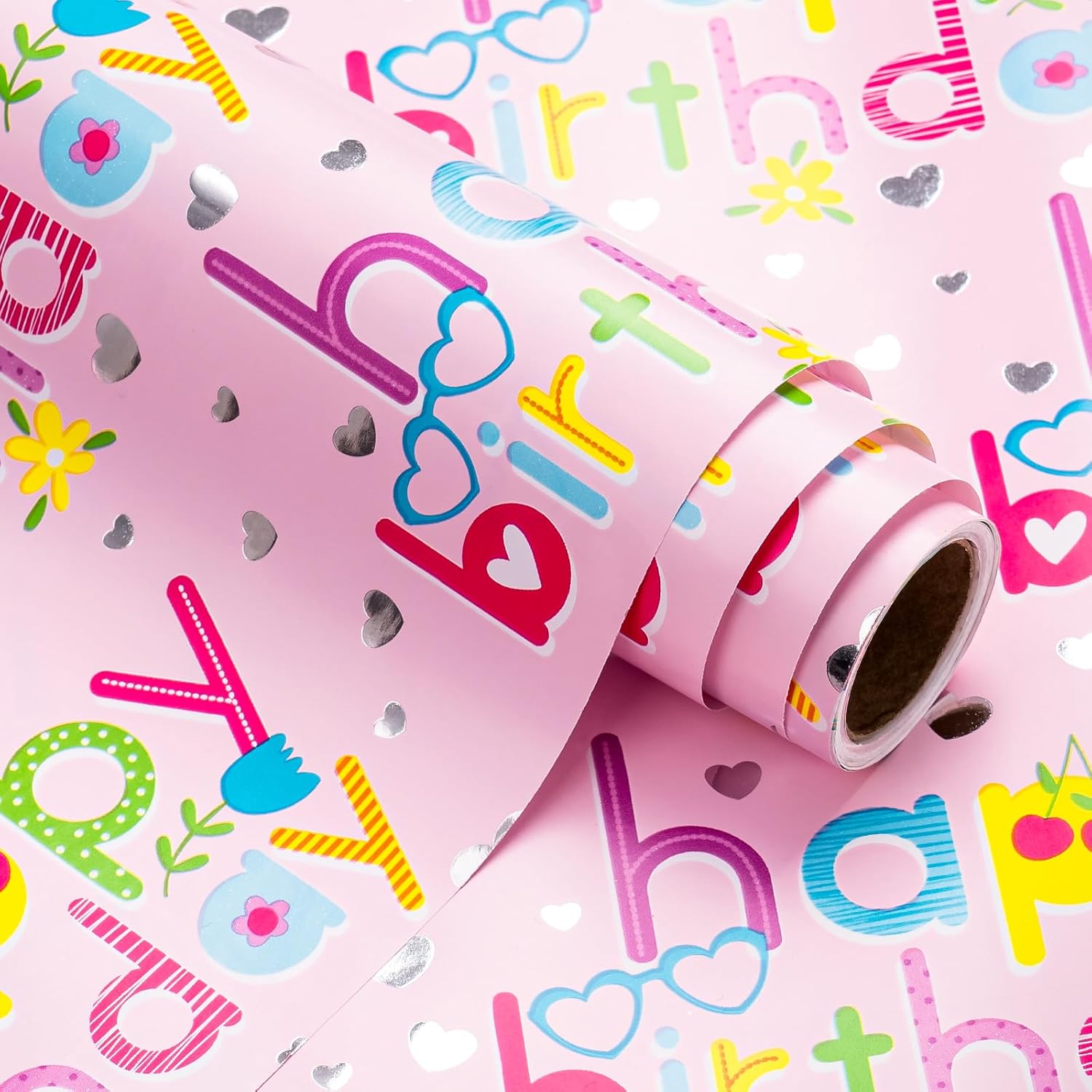 Pink Girls Birthday Wrapping Paper - Mini Roll - 17 Inch X 16.5 Feet - Colorful Happy Birthday Wrapping Paper With Silver Foil Hearts Design For Kids Girls, Baby Shower
