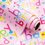 Pink Girls Birthday Wrapping Paper - Mini Roll - 17 Inch X 16.5 Feet - Colorful Happy Birthday Wrapping Paper With Silver Foil Hearts Design For Kids Girls, Baby Shower