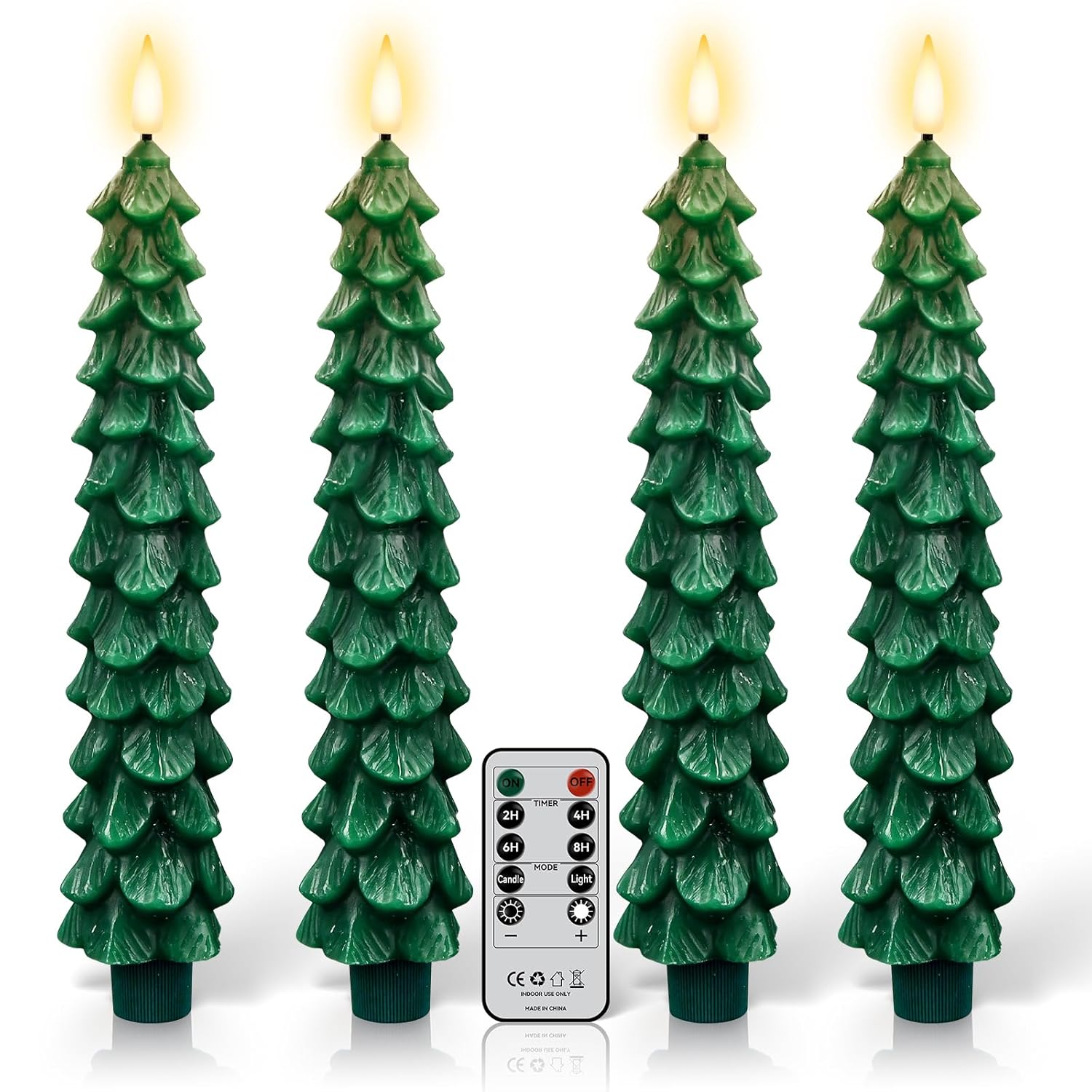 4 Pack Flameless Christmas Tree Candles With Remote, 9.8” Led Battery Operated Taper Candles, Green 3D Flickering Candlesticks For Holiday Home Decoration (Green)