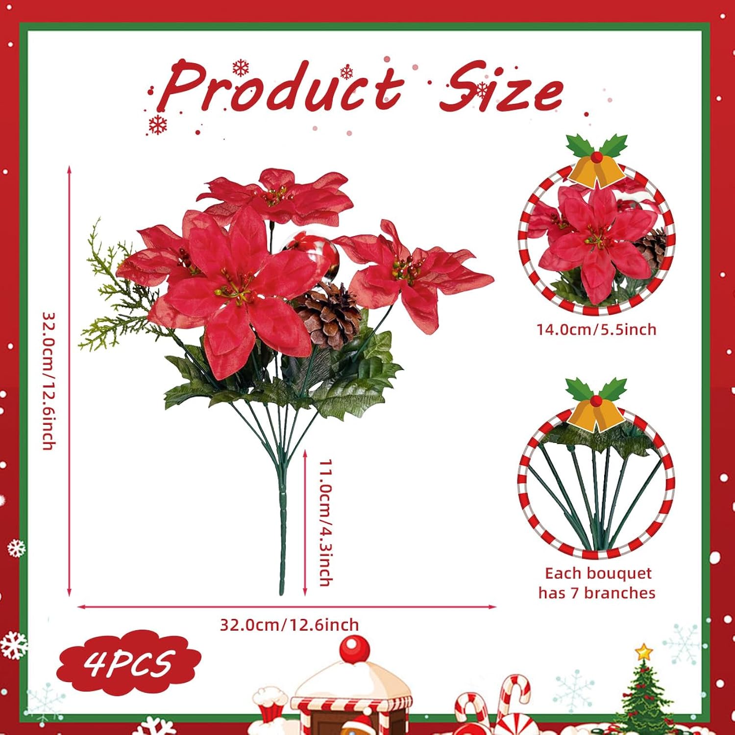 4 Pack Artificial Christmas Flowers Pick Decorations,4 Fake Poinsettia Flower Heads With Leaves And Pinecones Pine Needles Xmas Ball Red Flower Bouquet For Christmas Tree Ornament Home Garden Decor