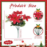 4 Pack Artificial Christmas Flowers Pick Decorations,4 Fake Poinsettia Flower Heads With Leaves And Pinecones Pine Needles Xmas Ball Red Flower Bouquet For Christmas Tree Ornament Home Garden Decor