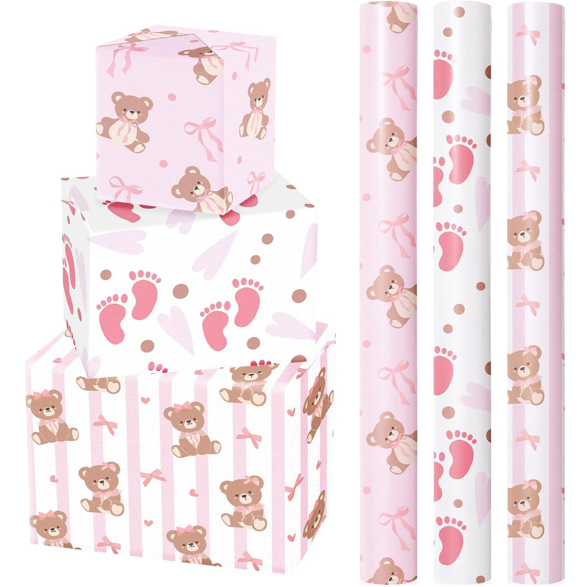 Bear Baby Shower Wrapping Paper - Mini Roll - 3 Rolls - 17 Inch X 120 Inch - Coquette Teddy Bear With Pink Ribbon Bow Wrapping Paper For Baby Shower, Girls Birthday