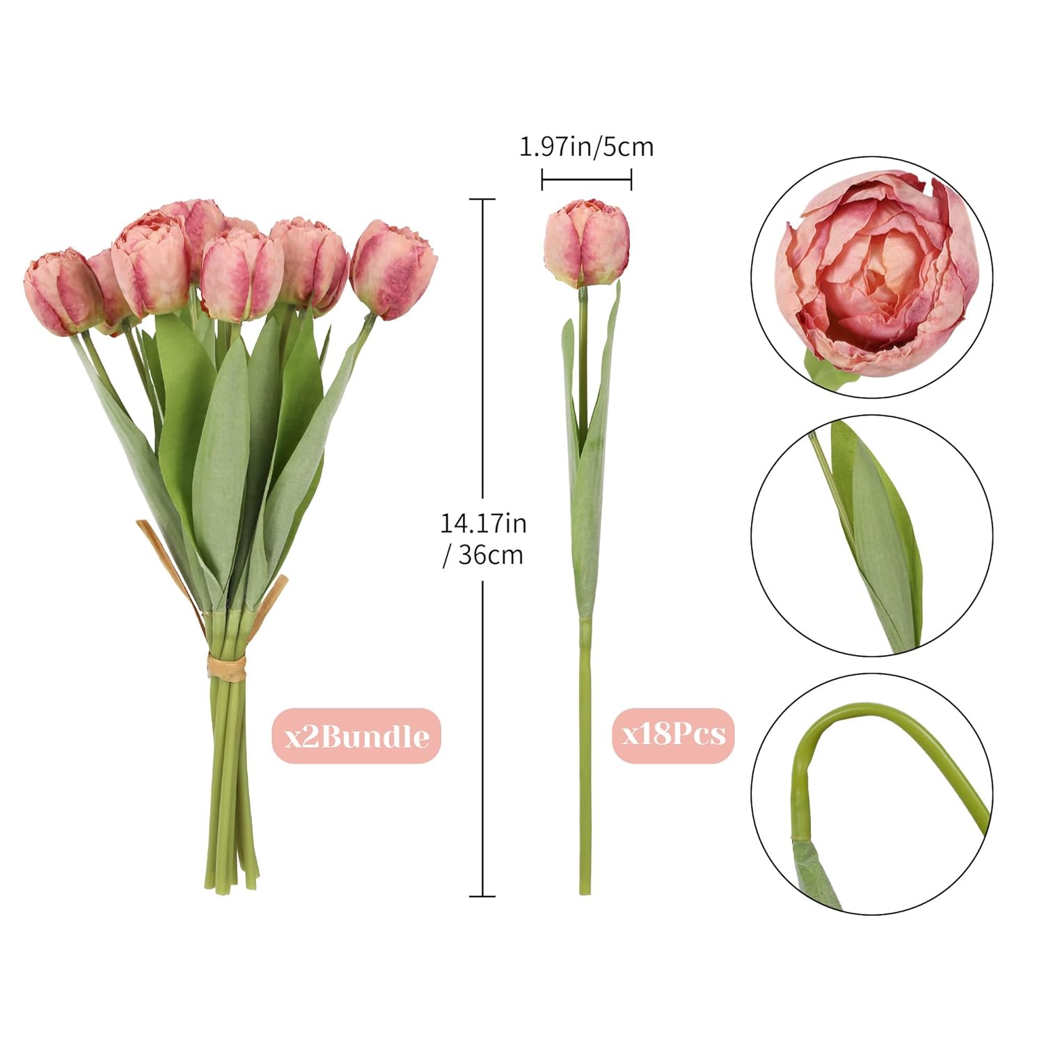 2 Bundles Artificial Tulips Flowers Fuchsia Fake Silk Tulips Bouquet 18Pcs Faux Flowers For Wedding Spring Easter Home Party Office Decoration (Fuchsia)