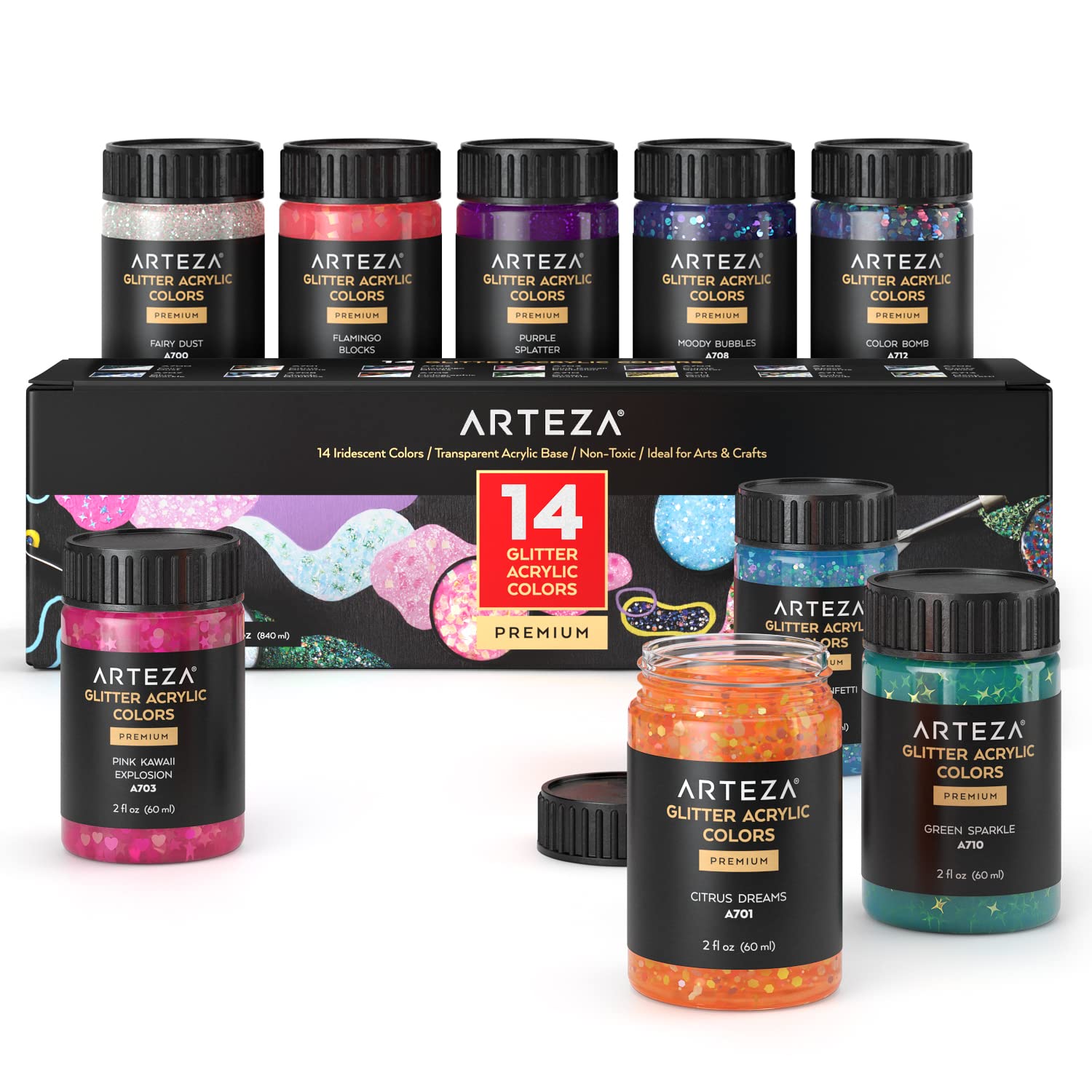 Glitter Acrylic Paint, 14 Iridescent Colors, 2 Fl Oz Bottles, Transparent Base, Iridescent Paint With Chunky Glitter, Art Supplies For Adding Accents To Canvas, Paper, Wood, And Glass