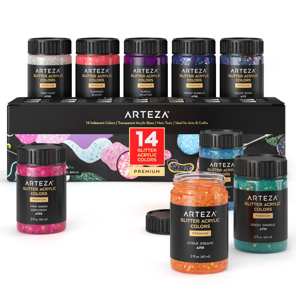 Glitter Acrylic Paint, 14 Iridescent Colors, 2 Fl Oz Bottles, Transparent Base, Iridescent Paint With Chunky Glitter, Art Supplies For Adding Accents To Canvas, Paper, Wood, And Glass