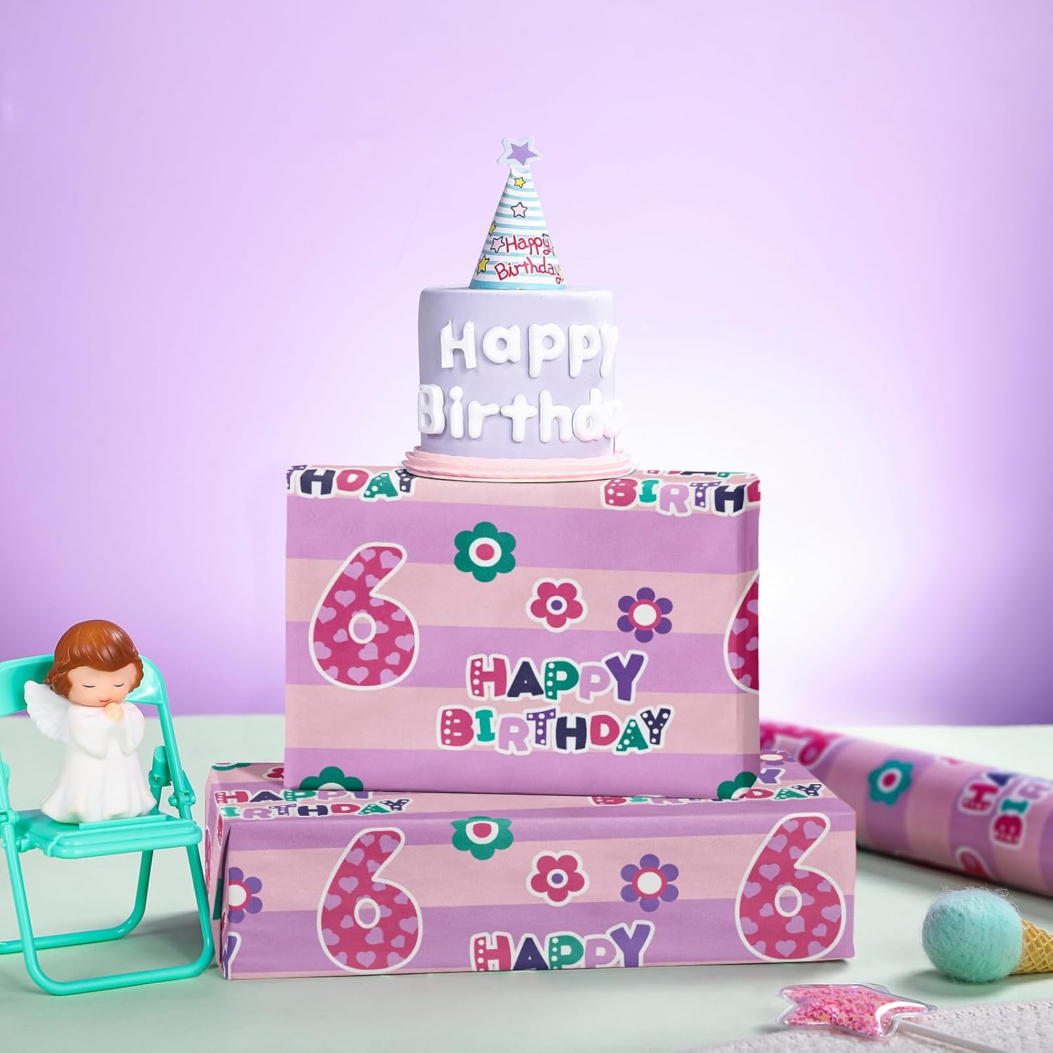 6Th Birthday Wrapping Paper Sheet - 6 Sheets Pink Happy Bday With Floral Design Folded Flat For Birthday, Party, Baby Showers - 19.7 Inch X 27.5 Inch Per Sheet