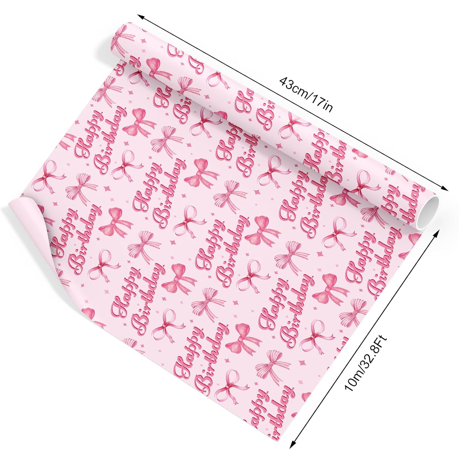 Happy Birthday Wrapping Paper Mini Roll 17In X 32.8Ft Watercolor Coquette Pink Bow Gift Wrap Paper For Girls Birthday Party Wrapping Supplies