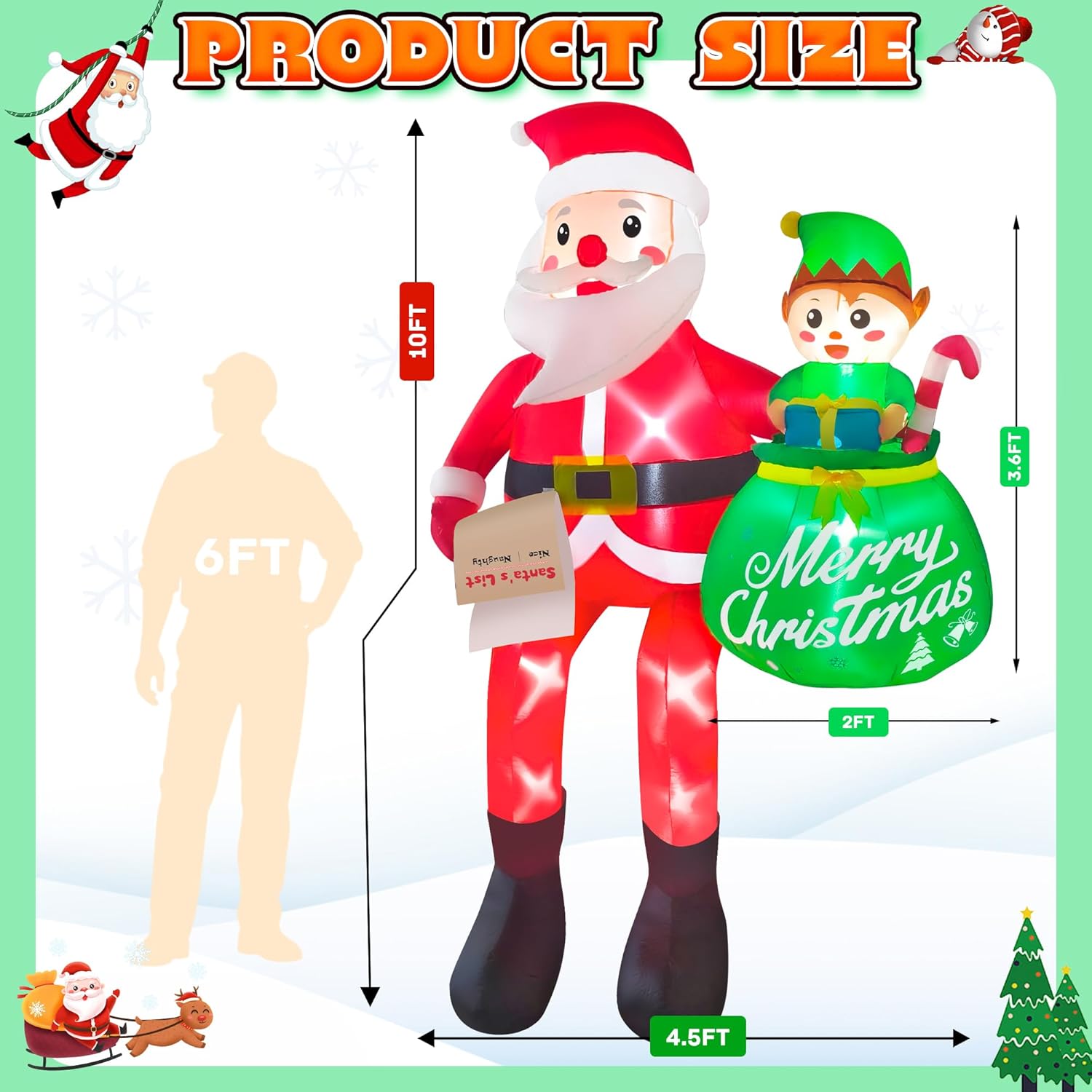 10Ft Christmas Inflatable Santa Claus Outdoor Decorations, Climbing Santa Inflatable Yard Decor With Elf & Built-In Leds