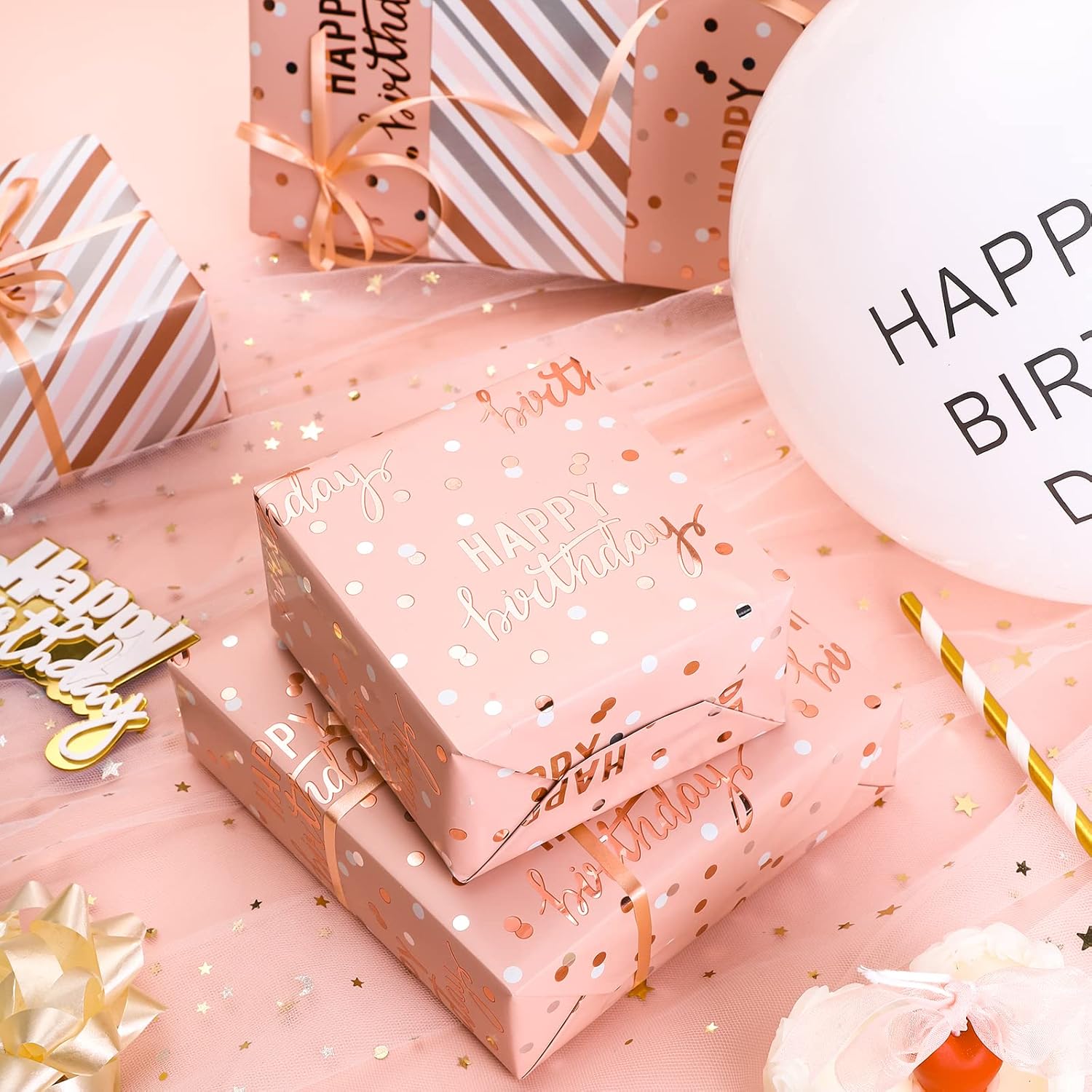 Reversible Pink Birthday Wrapping Paper Roll For Girls Women, Happy Birthday Lettering & Stripe Pattern With Metallic Foil In Pink, Mini Roll, 17 Inches X 9.8 Feet