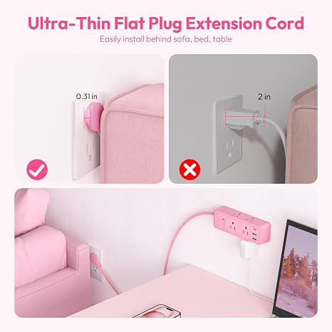 Pink Extension Cord 10 ft Surge Protector Power Strip with 6 Outlets and USB C Ports for Home Office Dorm Room