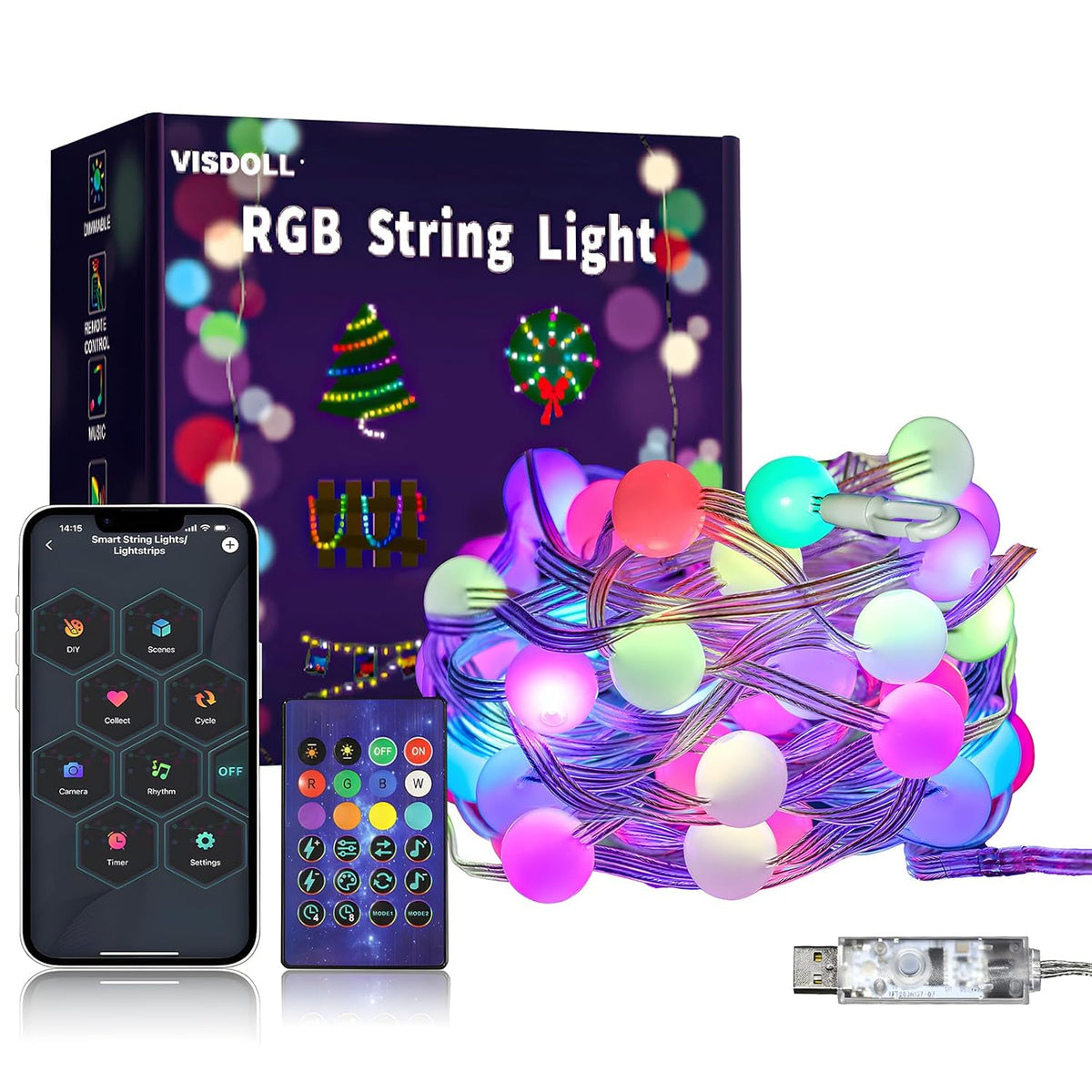 String Lights Indoor 16.4Ft 33Leds, Smart Rgb Fairy Twinkle Christmas Lights With Music Sync, Rf Remote, App Control, Mu