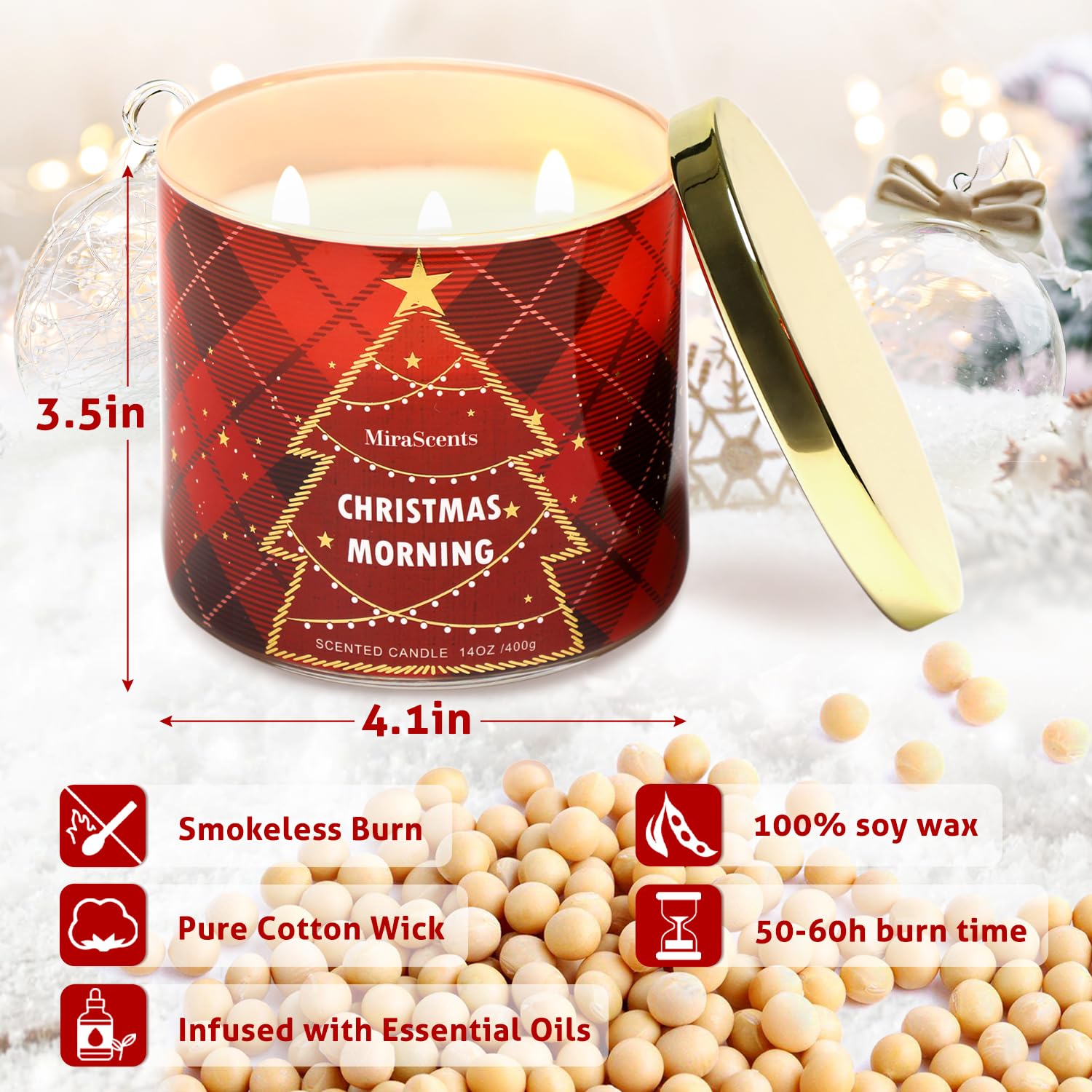 Christmas Scented Candle, Christmas Morning Scented Candle, 3 Wicks Large Candle Natural Soy Wax Candles, Red Xmas Tree Candles Gifts, 14Oz