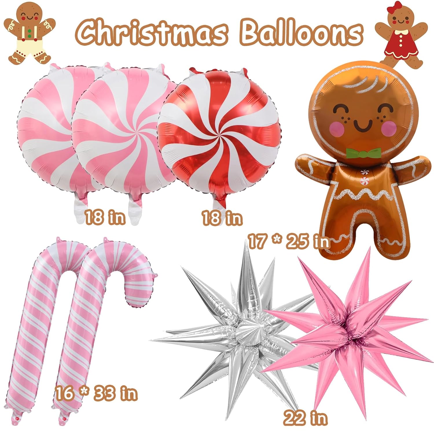 142 Pcs Gingerbread House Decorations - Pink Christmas Garland, Gingerbread Man, Candy Cane Foil Balloons For Xmas Party Decorations