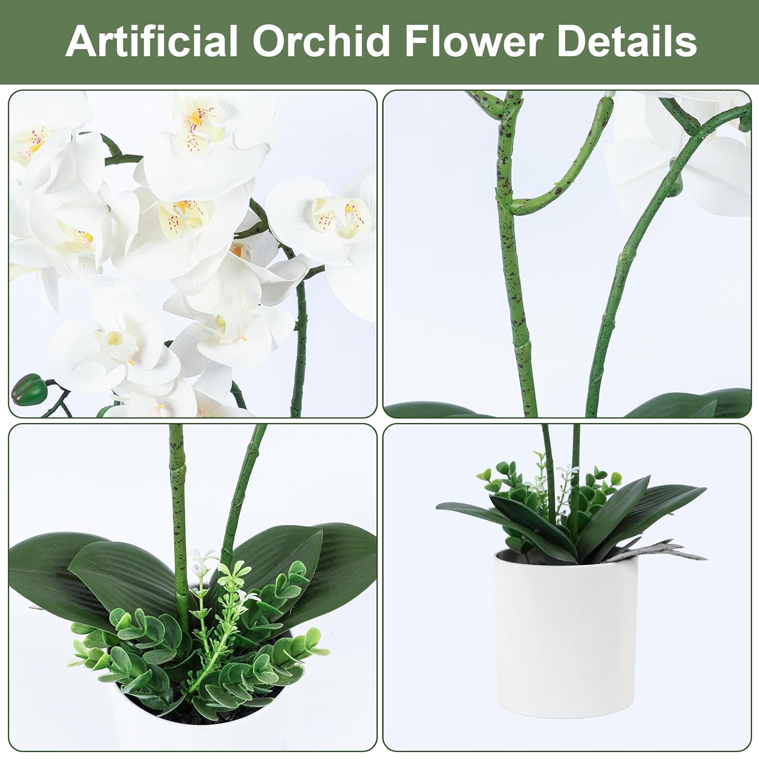 Artificial Orchid Flower Potted, 16.9" White Orchid In Pot Faux Plant With 2 Stems Artificial Phalaenopsis In Plastic Pot For Home Table Centerpiece Wedding Decoration