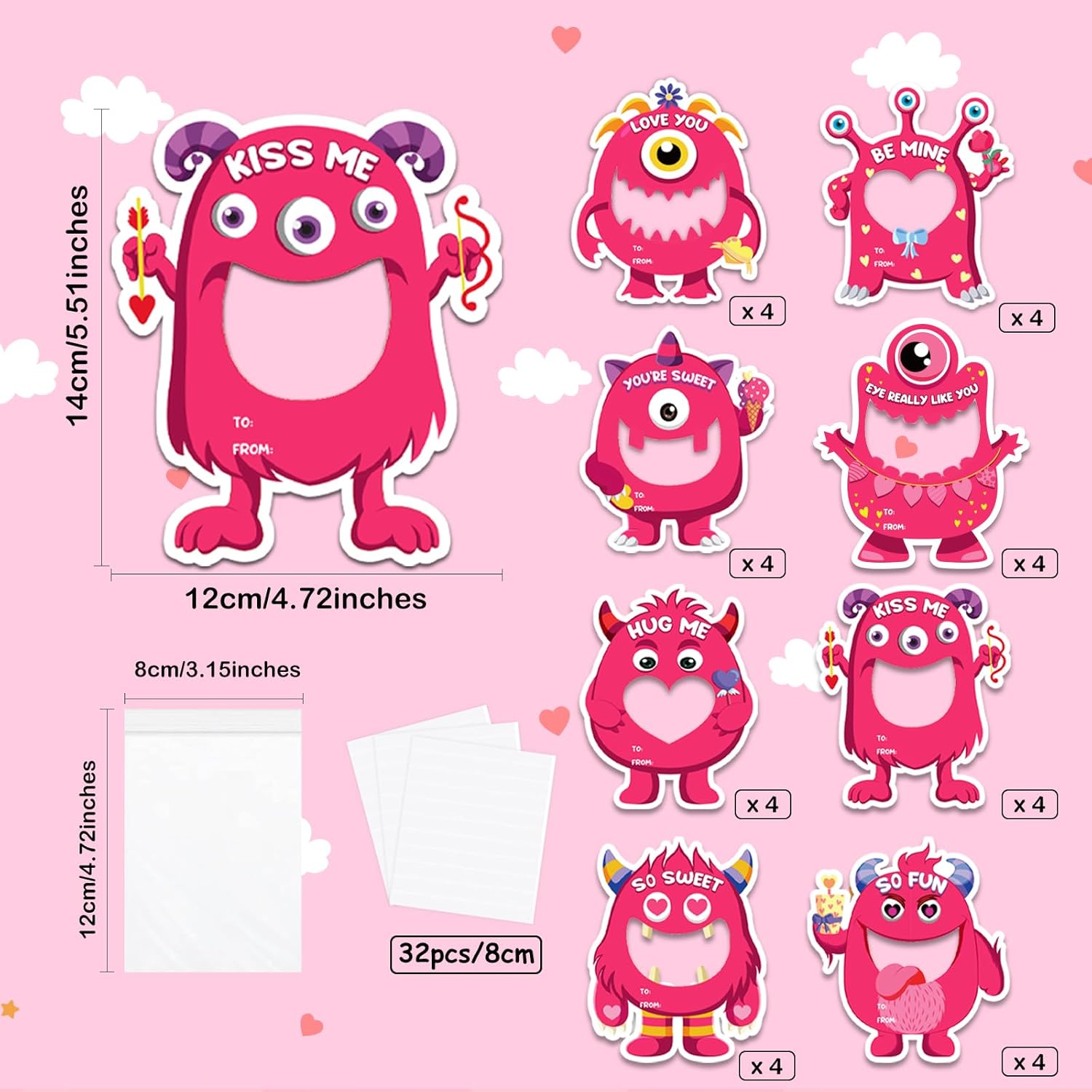 32 Sets Valentine Cards For Kids Classroom, Monster Happy Valentines Candy Cards, Funny Valentines Exchange Cards For Kids School, Diy Valentine Party Favors Gifts For Boys Girls