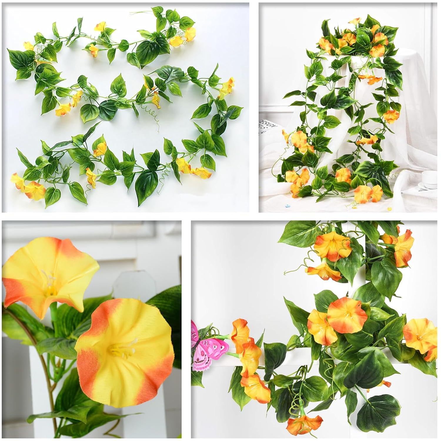 Fake Morning Glory Hanging Plants, Artificial Vines Silk Flowers Faux Ivy Plastic Greenery Garland Plant For Home Garden Yard Wall Fence Stairway Wedding Party Basket Diy Decoration Orange 2 Pack