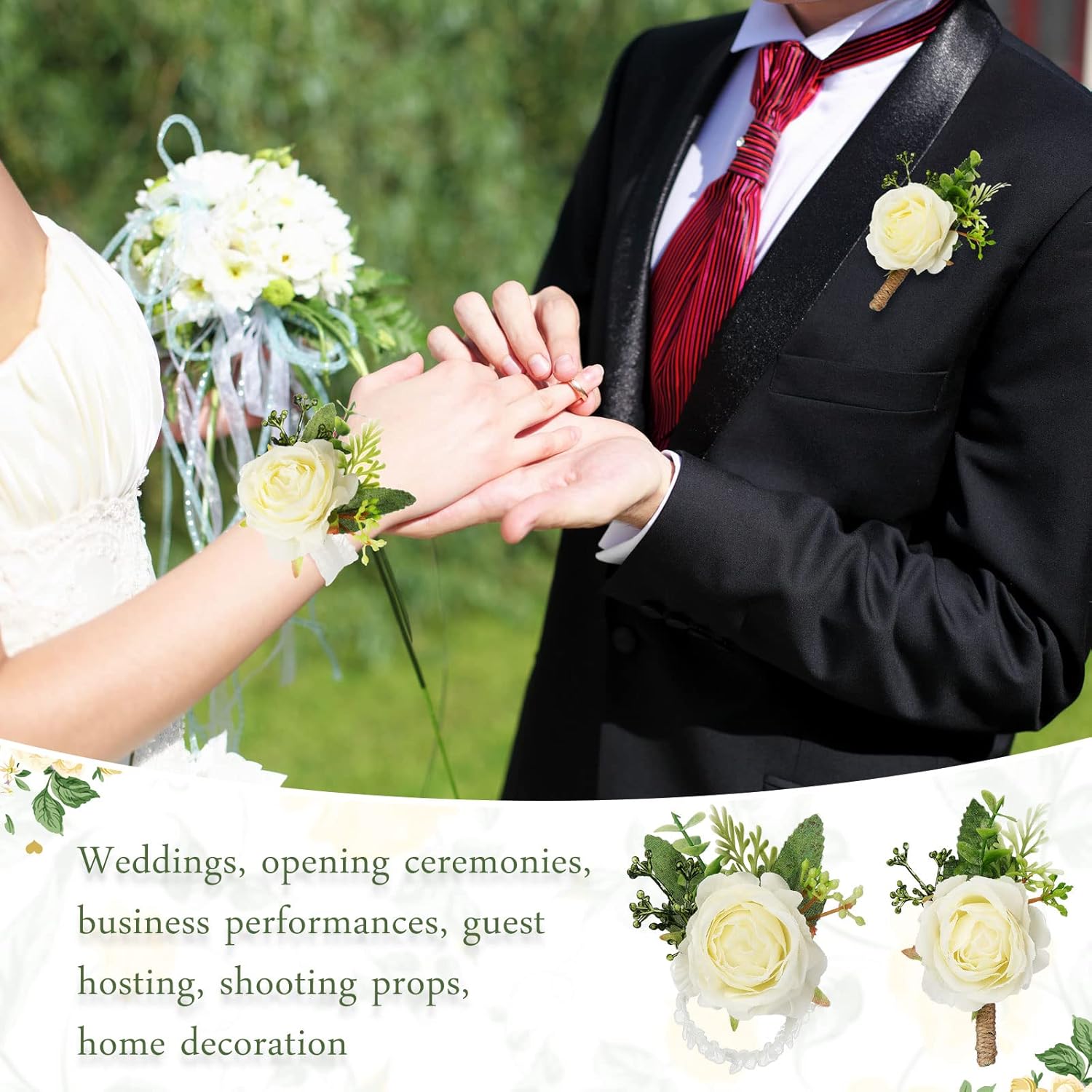 12 Pcs Rose Wrist Corsage Bracelets Wedding Bridal Wrist Artificial Flower Wristband Flower Hand Decor For Bride Bridesmaid Homecoming Prom Party Decor(White Elegant)