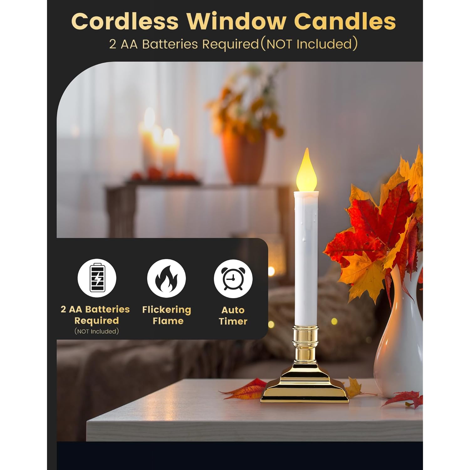 4 Pack Battery Operated Window Candles With Timer, Window Candle Lights With Removable Candle Holders, Led Christmas Candles For Christmas Windows, Mantel, Dining Table, Gloss Gold
