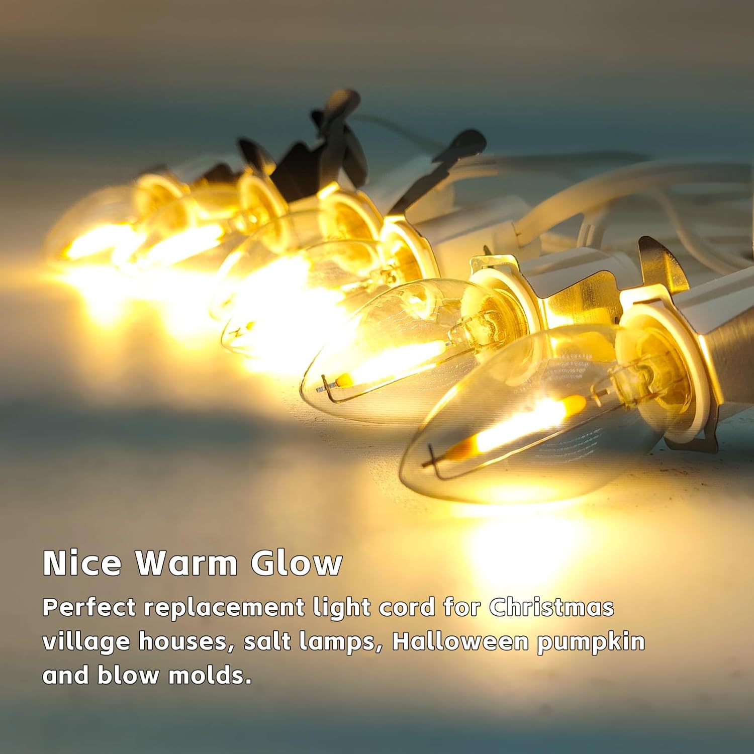 6-Bulb 12Ft Light Cord For Christmas Village Houses Accessories, Clip Light For Blow Mold, Replacement C7 Led Lights Wit