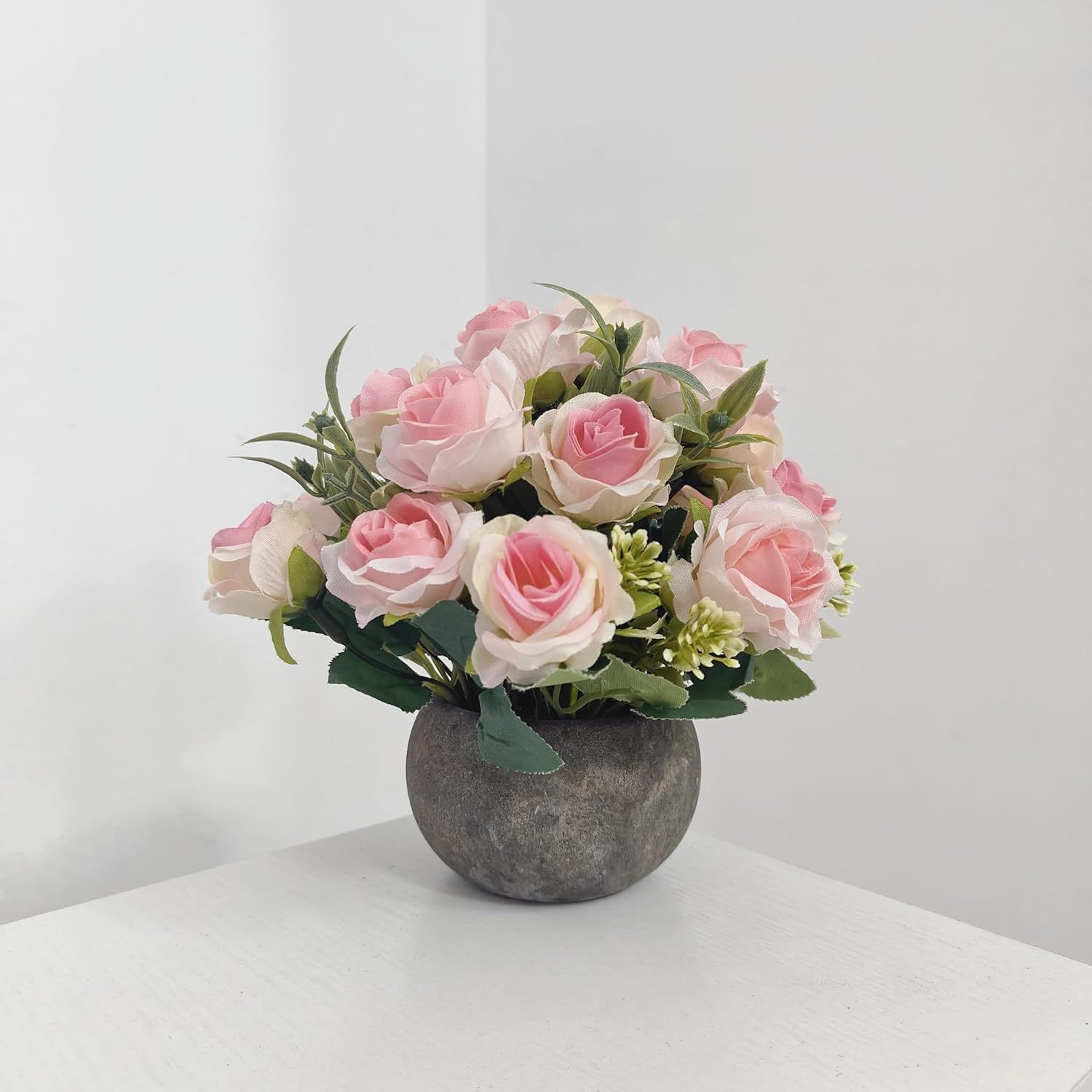 Artificial Flower Mini Potted Plant, Small Pink Roses + Paper Pulp Round Vase, Small Fake Plants Potted Plant Decoration, Suitable For Office, Bookshelf, Dining Table, Living Room, Desk, Wedding