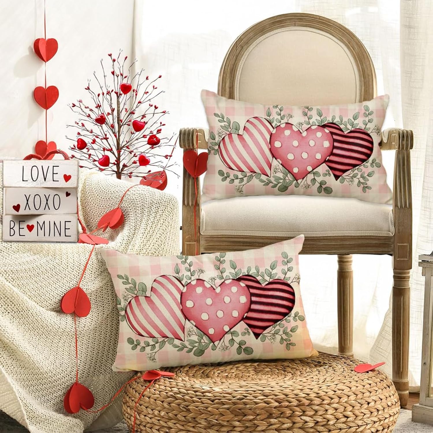 Valentine Heart Outdoor Pillow Covers 12X20 Inch Waterproof, Pink Love Plaid Spot Romantic Holiday Party Lumbar Cushion Cases Valentines Day Decoration For The Home (Pink, 12" X 20")