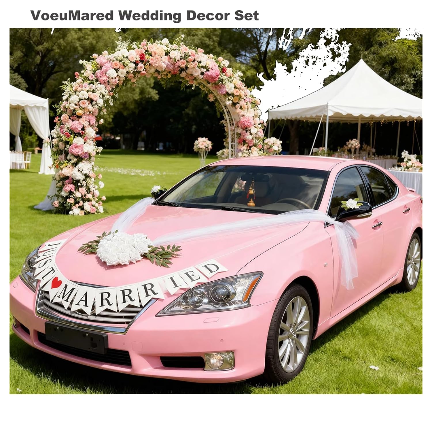 Heart-Shaped Wedding Car Hood Decoration With Angel Wing Design, Artificial Flowers And White Tulle Ribbons, Just Married Car Decal, Bridal Car Accessories For Wedding Celebration