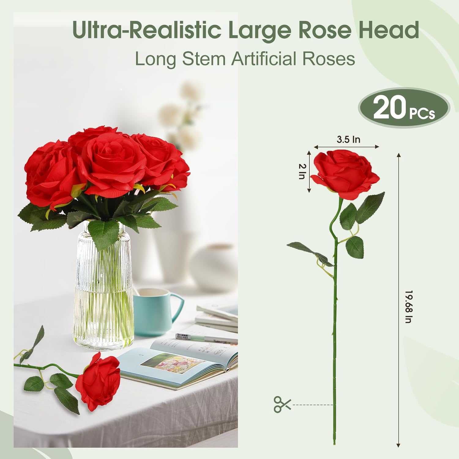 20Pcs Realistic Red Roses Artificial Silk Flowers With Long Stems, Real Touch Fake Red Roses Bulk For Arrangement Wedding Party Home Table Decor, Diy Bouquet