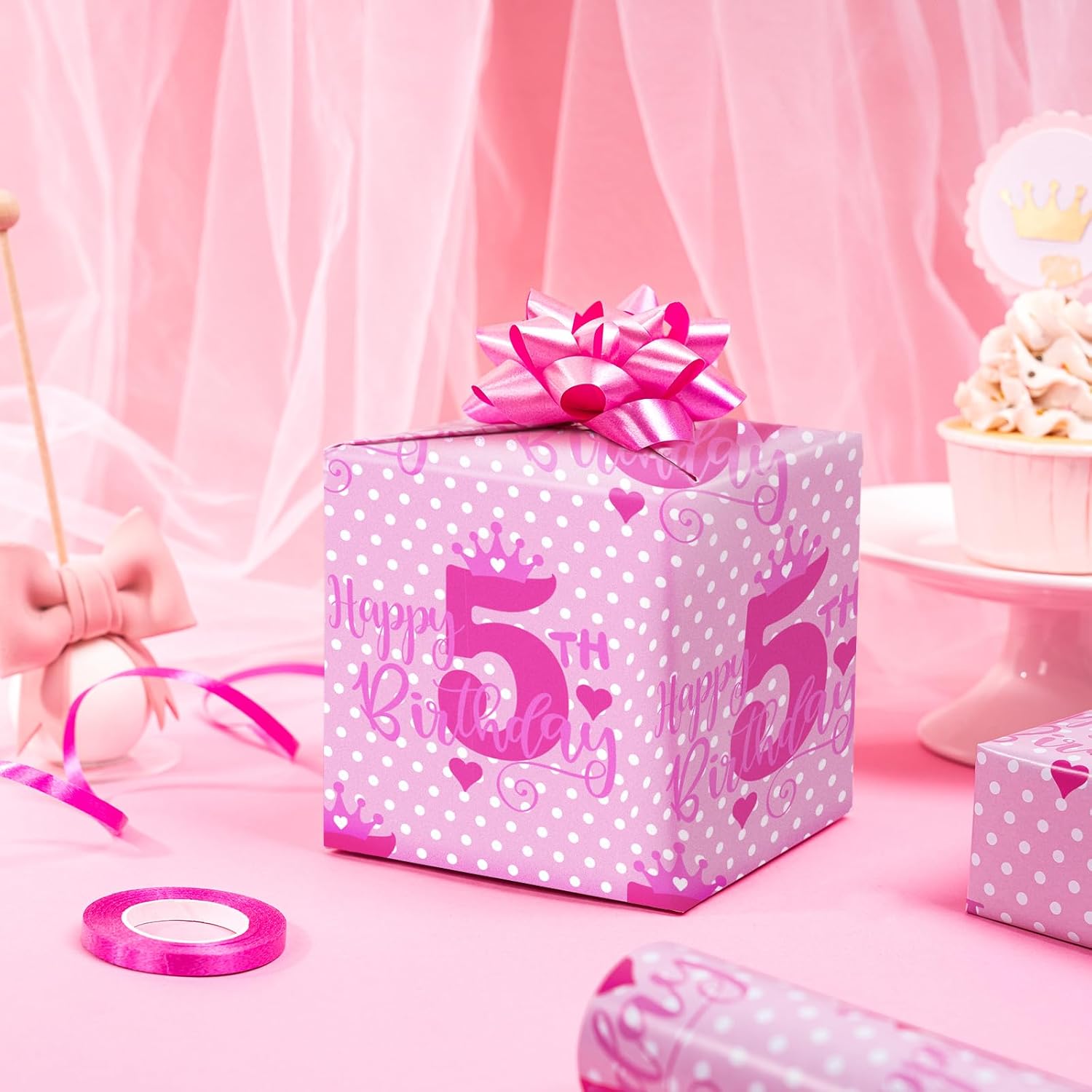 Kids 5Th Birthday Wrapping Paper, Mini Roll, Crown & Happy 5Th Dots Design, 17 Inch X 16.4 Feet, Perfect For Girls' Gifts