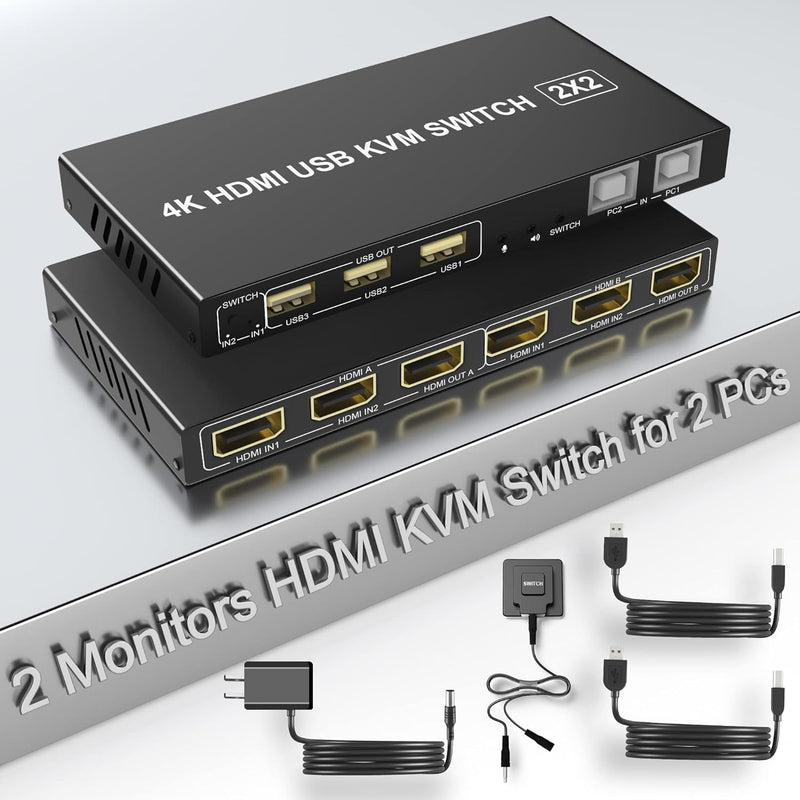 Dual Monitor Hdmi Kvm Switch 2 Computers 4K@60Hz, Extended Display Hdmi Kvm Sw