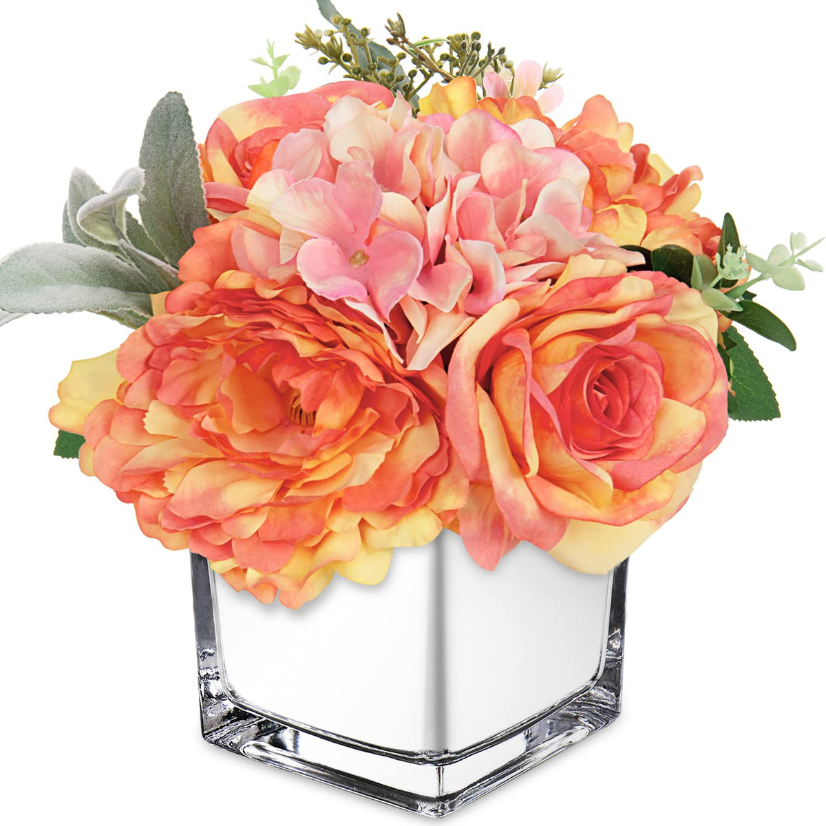 Artificial Flowers In Vase Fake Silk Hydrangea Rose Flower Arrangement Faux Potted Flowers For Indoor Home Bathroom Office Table Shelf Decor, Orange