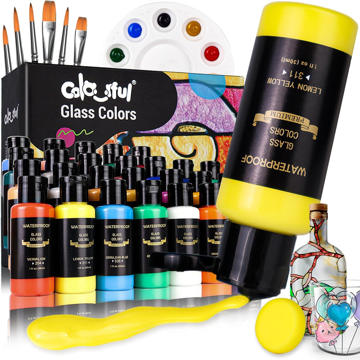 Stain Glass Paint Set With 6 Brushes, 1 Palette & 1 Sponge, 26 Colors Waterproof Permanent Glass Painting Kit For Arts On Wine Glasses,Bottle And Windows