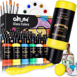 Stain Glass Paint Set With 6 Brushes, 1 Palette & 1 Sponge, 26 Colors Waterproof Permanent Glass Painting Kit For Arts On Wine Glasses,Bottle And Windows