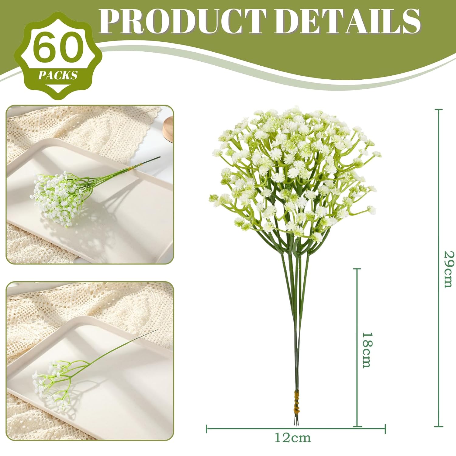 60Pcs Babys Breath Artificial Flowers, Baby Breath Flowers Artificial Bulk, Fake White Gypsophila Babies Breath Real Touch Flowers For Wedding Bouquet Floral Arrangement Party Home Decor