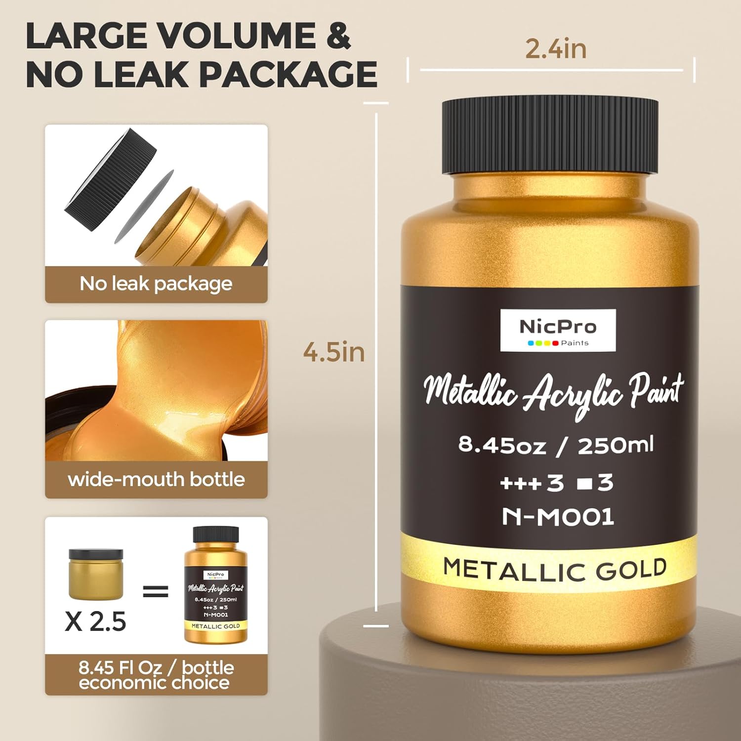 Metallic Gold Acrylic Paint, 8.45Oz/250Ml Large Gold Leaf Paint, Non Toxic, Non Fading Craft Paints For Metal, Wood, Clay, Fabric, Canvas, Furniture, Handcrafts, Art Supplies