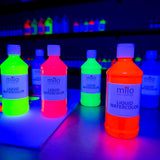 milo Fluorescent Liquid Watercolor Paint Set of 6 Colors | 8 oz Bottles | Neon, Washable, Safe and Non-Toxic | Made in the USA | Glows UV with Black Light | Water Color Arts & Crafts Paints
