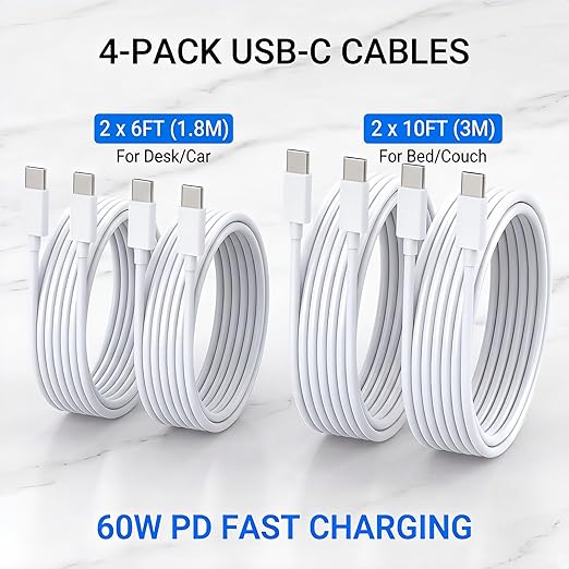 4 Pack USB C to USB C Fast Charging Cable 60W 6FT 10FT Type C Charger for iPhone 17 16 15 MacBook Samsung