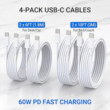 4 Pack USB C to USB C Fast Charging Cable 60W 6FT 10FT Type C Charger for iPhone 17 16 15 MacBook Samsung