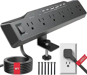 Desk Clamp Power Strip 6 Outlets 4 USB C Ports 35W 1800J Surge Protector Black