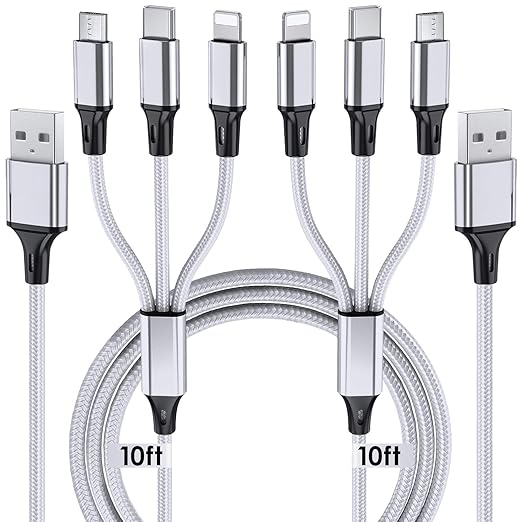 2 Pack 10FT 3 in 1 Multi Charging Cable USB C Micro USB Braided Universal Charger