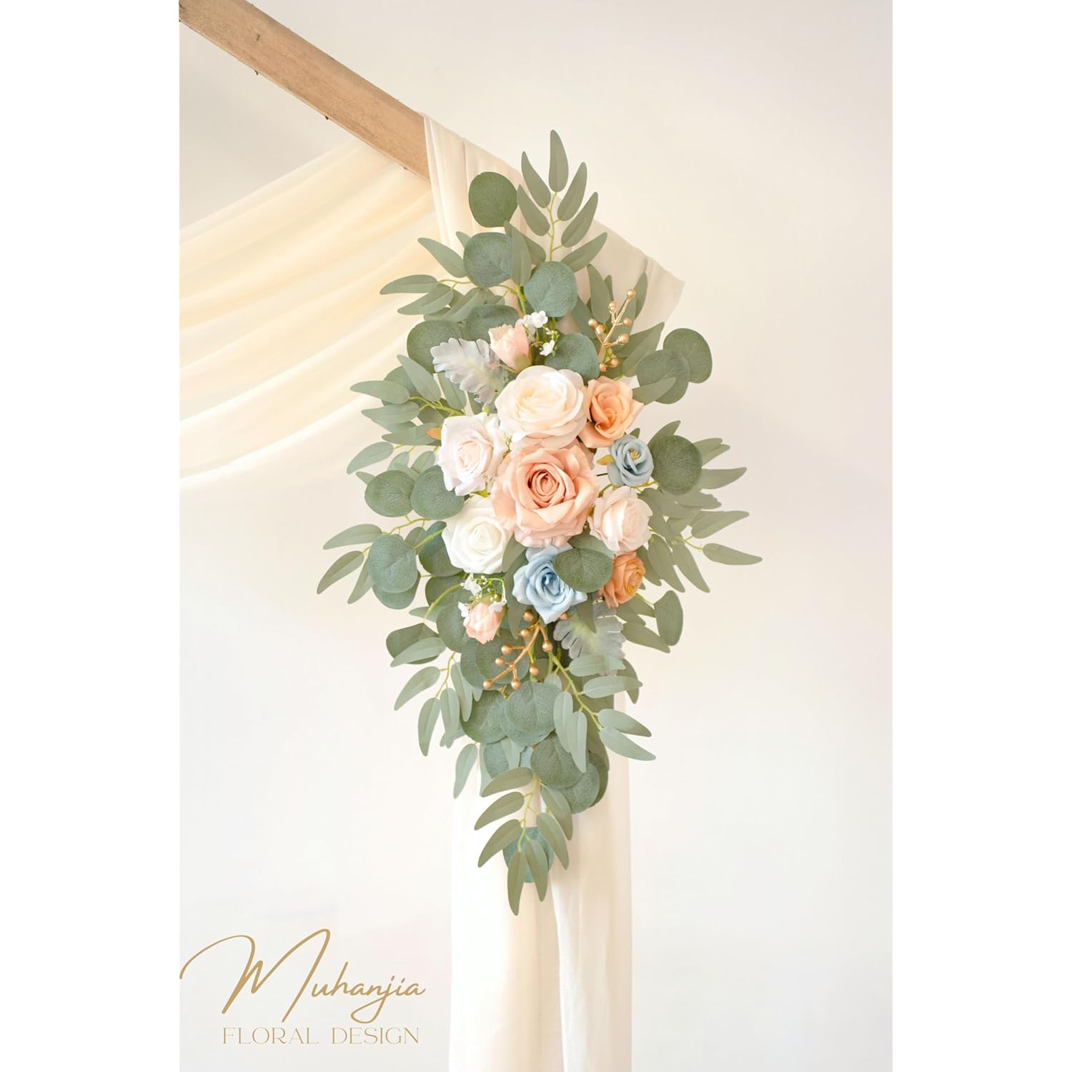 Artificial Wedding Arch Flowers Kit(Pack Of 4),2Pcs Artificial Flower Arch Decor, 2Pcs Chiffon Fabric Drapes, Ceremony Decoration, Floral Outdoor Party Decor (Champagne & Blue)