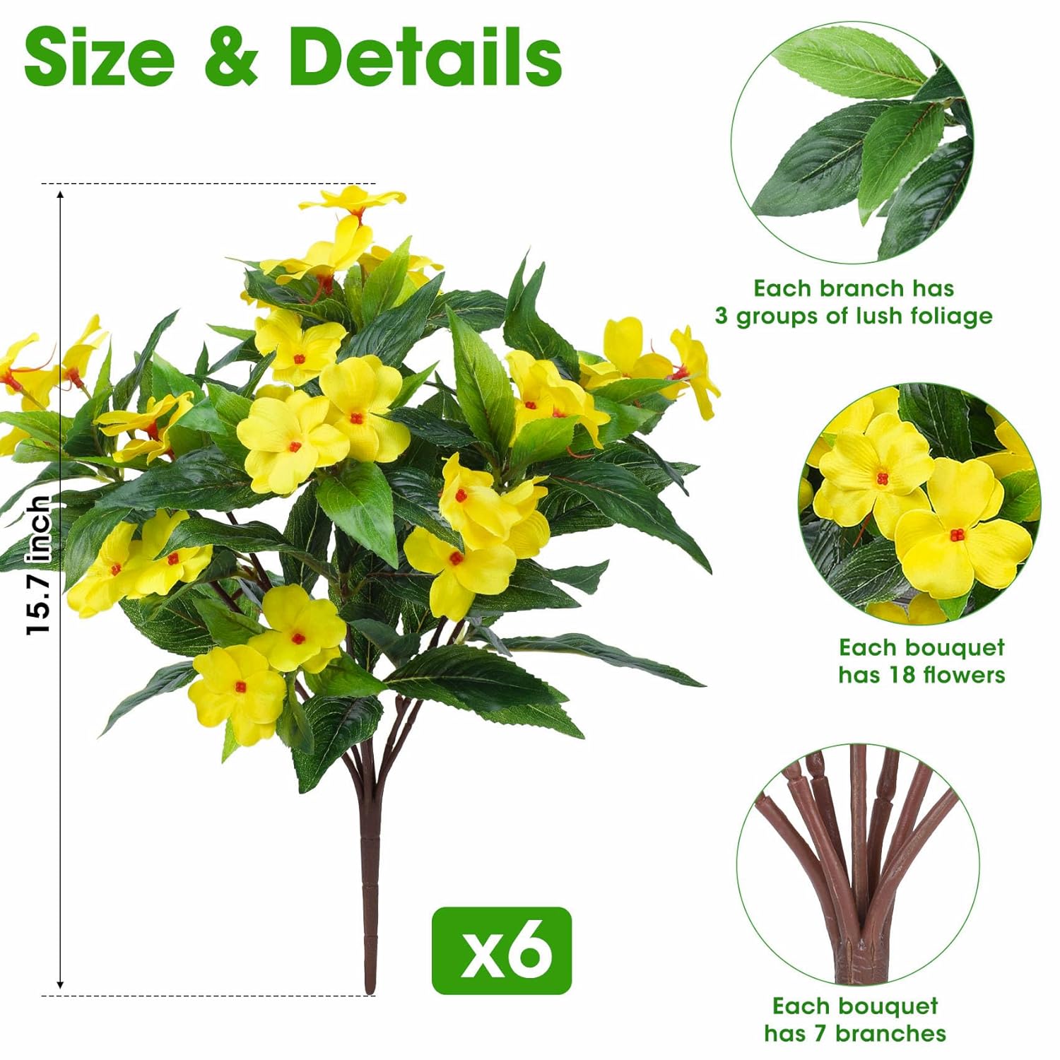 6 Bundles Artificial Impatiens Flowers For Outdoors Decoration, Silk Flowers Bouquet Fake Plants Uv Resistant For Spring Summer Garden Porch Window Box Balcony Home Decor, Yellow