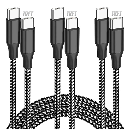 3 Pack 10FT 60W USB C to USB C Fast Charging Braided Cable for iPhone iPad MacBook